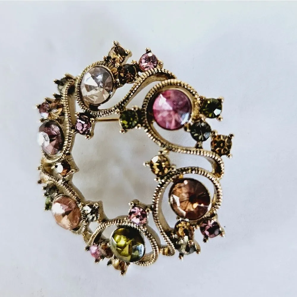 Vintage Signed Monet Openwork Pink Green Rhinestone Circular Wreath Brooch Pin